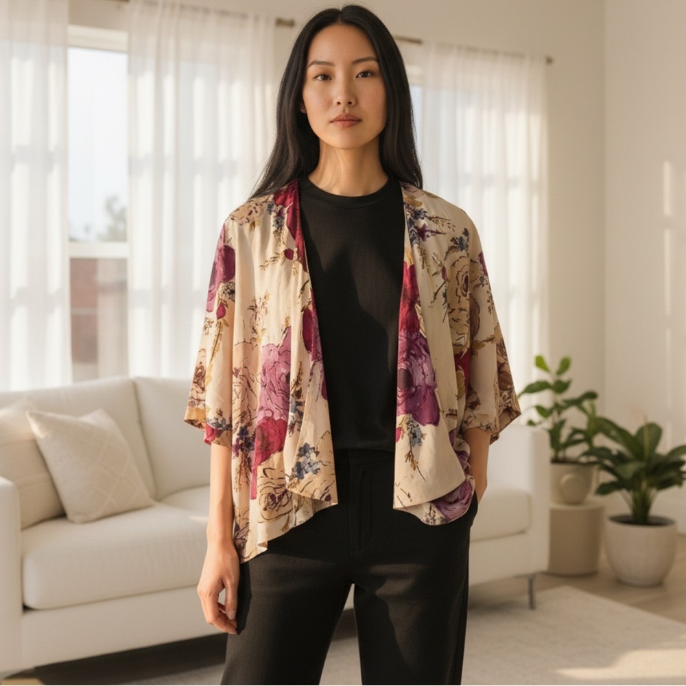 ODILLE x Anthropologie Silk Floral Kimono- Cream and Pink . Women’s Size Medium - Picture 4 of 10